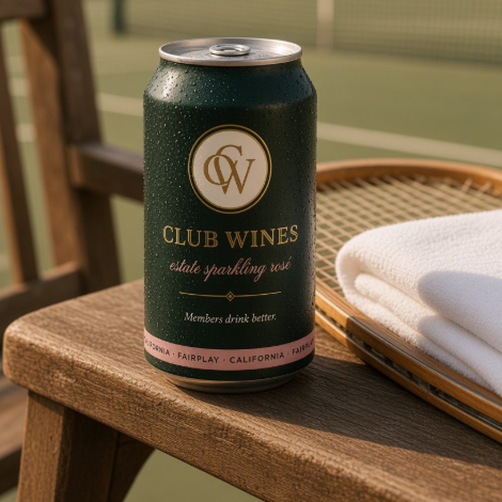A Club Wines can on a courtside bench with a wooden racquet and folded towel