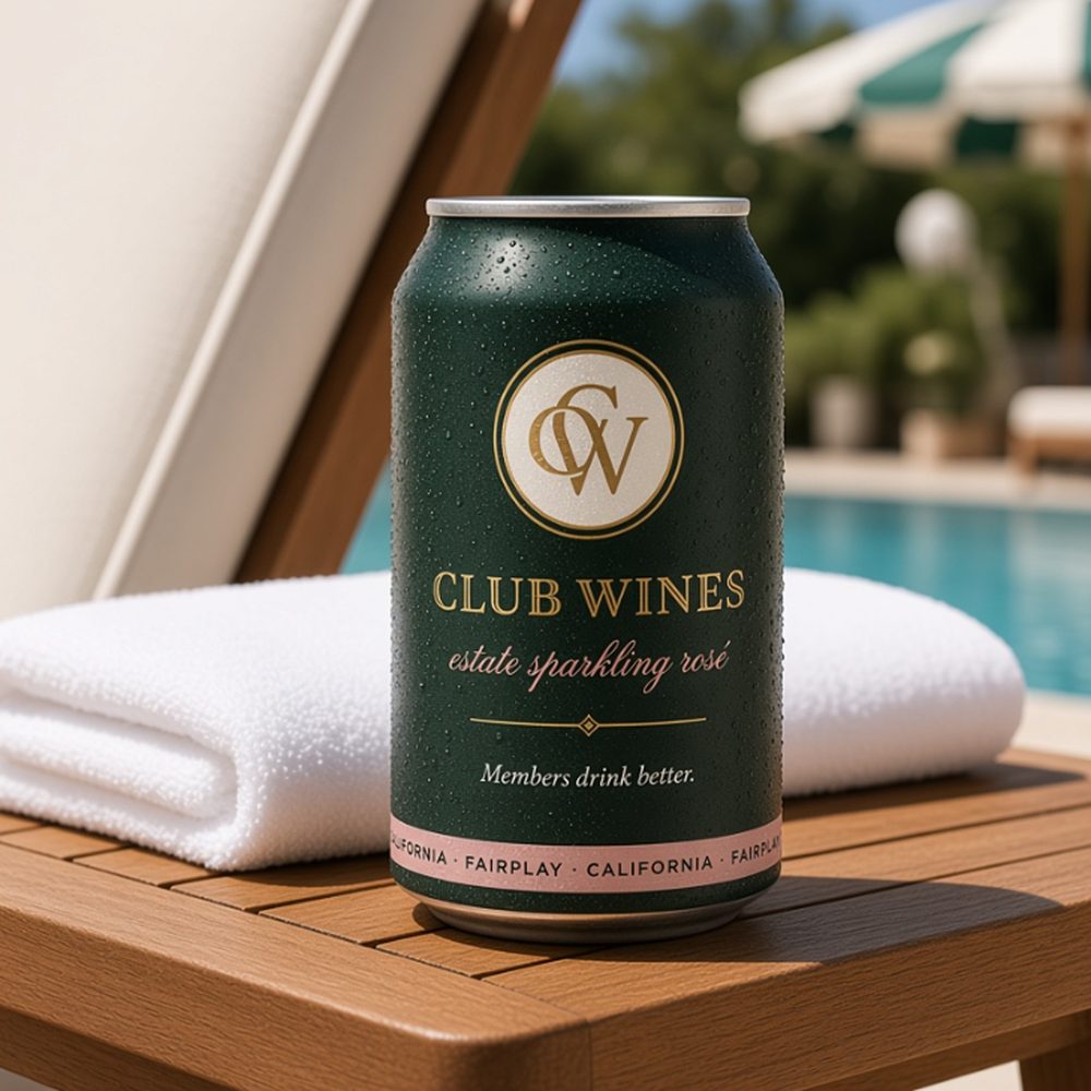 A Club Wines can beaded with condensation on the teak arm of a lounge chair beside a country club pool